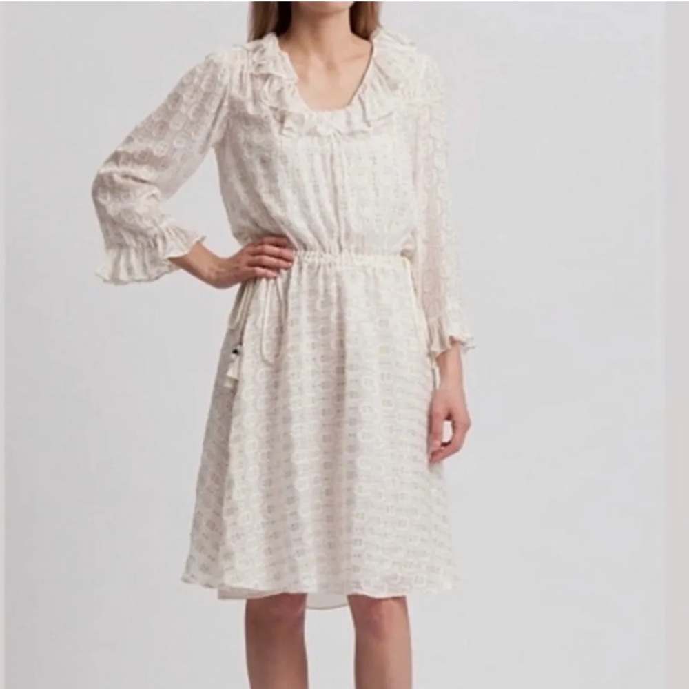 TORY BURCH Jasmine Metallic Ruffle Dress SIZE 8 IVORY NWT